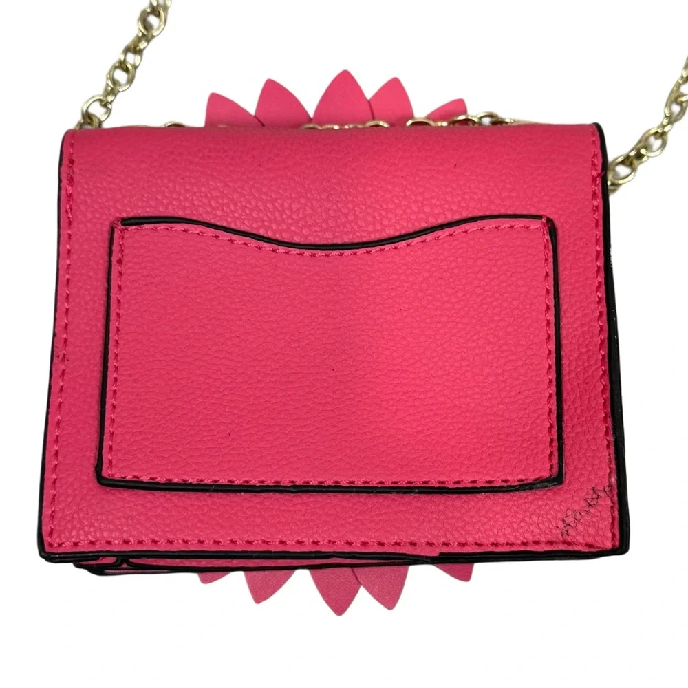 Pink Micro Purse Large Flower Embellishment Gold Accents, “E”  And Chain 5x4” - Picture 4 of 12